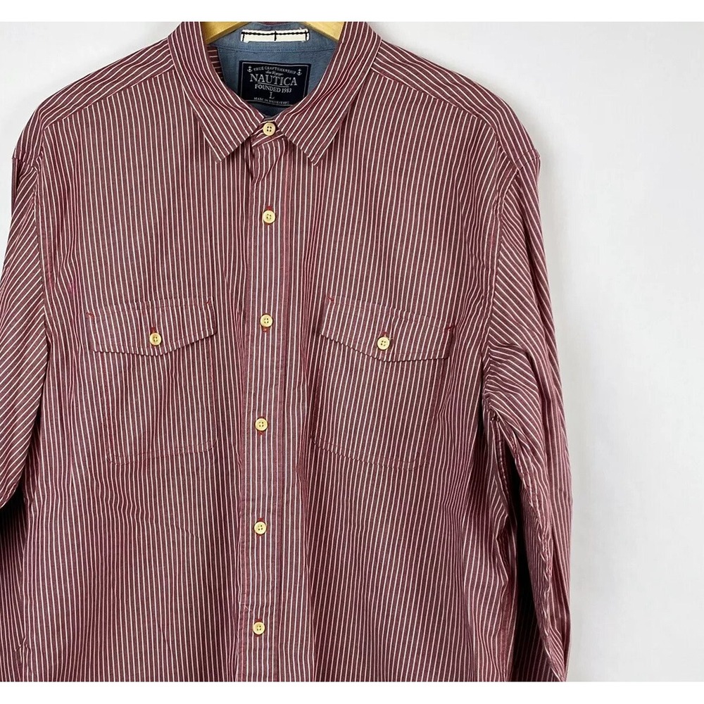 Nautica Men’s Large Button Up Shirt Red White Stripe Collared Casual